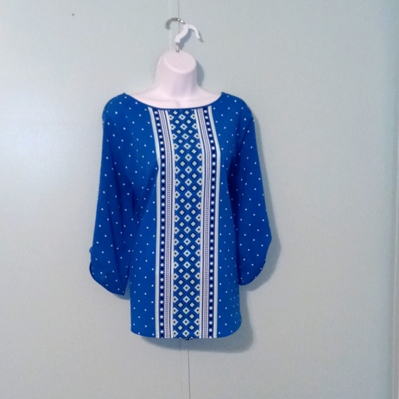 Croft & Barrow Blouse Size XL Blue‎ White Diamond Pattern 100% Polyester - Picture 1 of 10